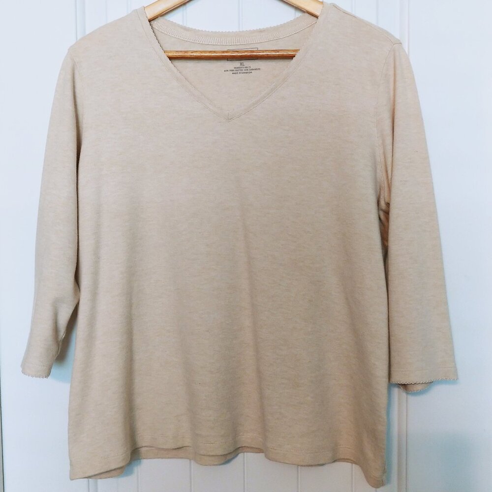 Women's LL Bean Cotton/Cashmere 3/4 Sleeve V Neck Shirt -  Size XL